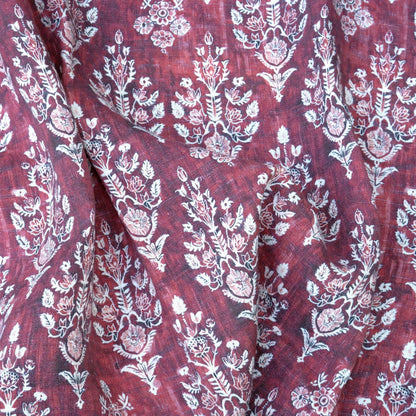 100% LINEN Fabric block print indian red  3662 -  oatmeal linen fabric with green floral print decor