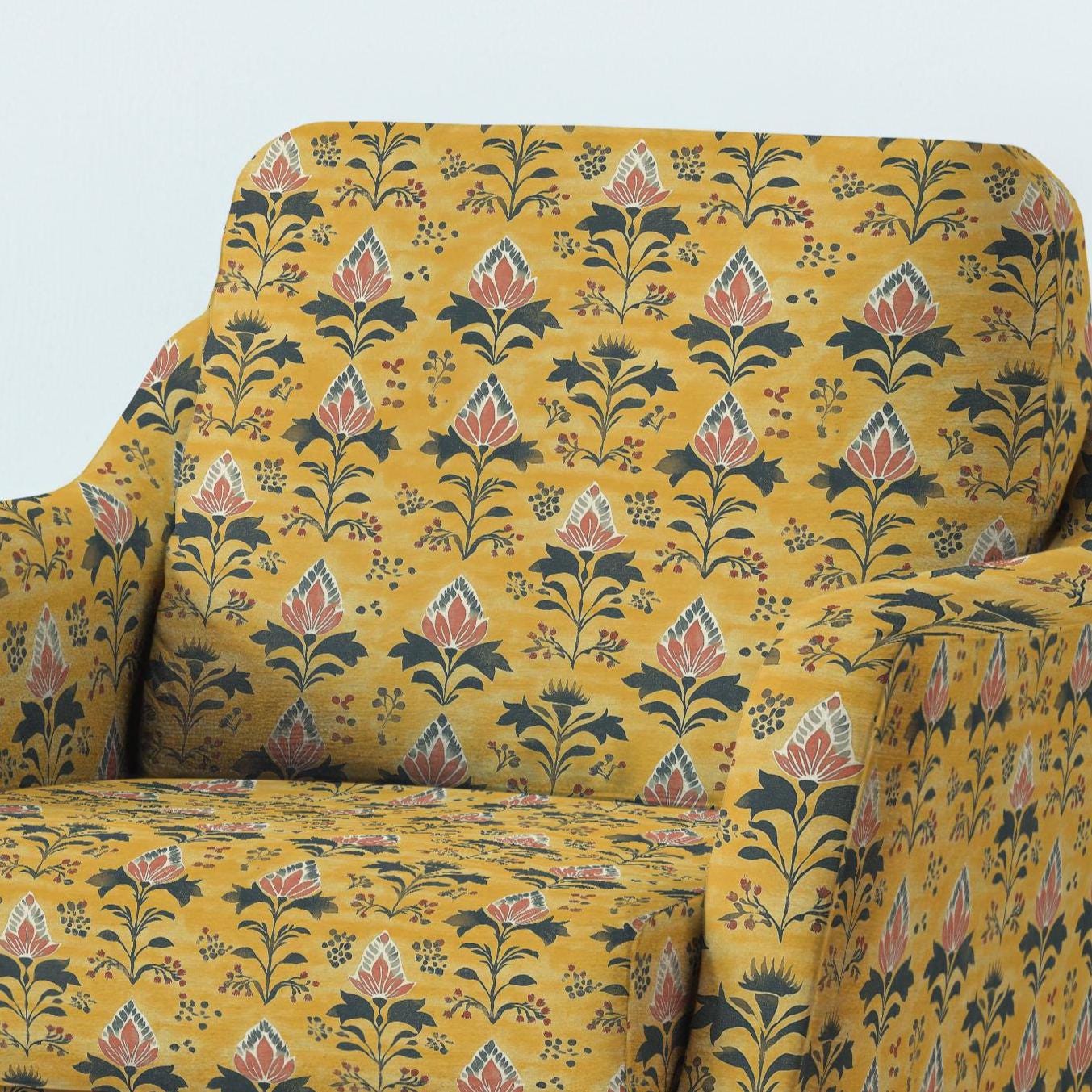 100% LINEN Fabric UPHOLSTERY 12oz - Mustard floral on linen - Modern vintage Grandmillenial  upholstery 2079