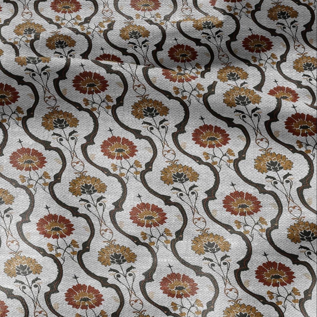 100% LINEN Fabric Retro orange green gray - floral print on oatmeal linen for home decor sewign dress clothing 2871