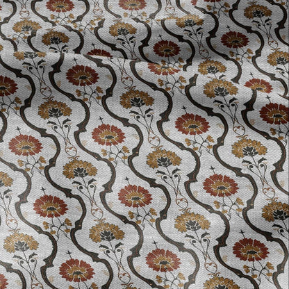 100% LINEN Fabric Retro orange green gray - floral print on oatmeal linen for home decor sewign dress clothing 2871