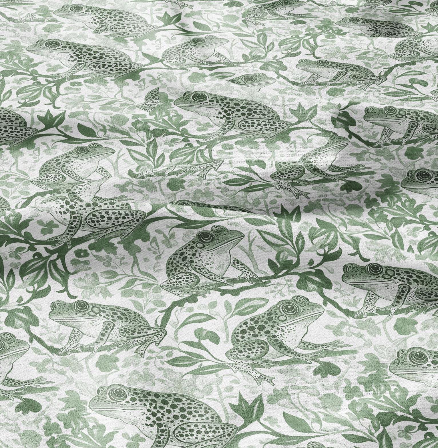 100% LINEN Fabric toile de jouy Frog Nautical print - green white linen fabric with blue coastal print for upholstery home decor