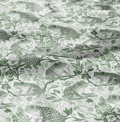 100% LINEN Fabric toile de jouy Frog Nautical print - green white linen fabric with blue coastal print for upholstery home decor