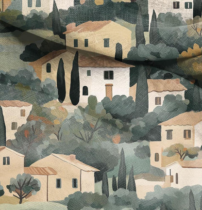 100% LINEN Fabric Tuscany landscape print, linen fabric with house and cypress tree print, heavy linen fabric for upholstery home decor