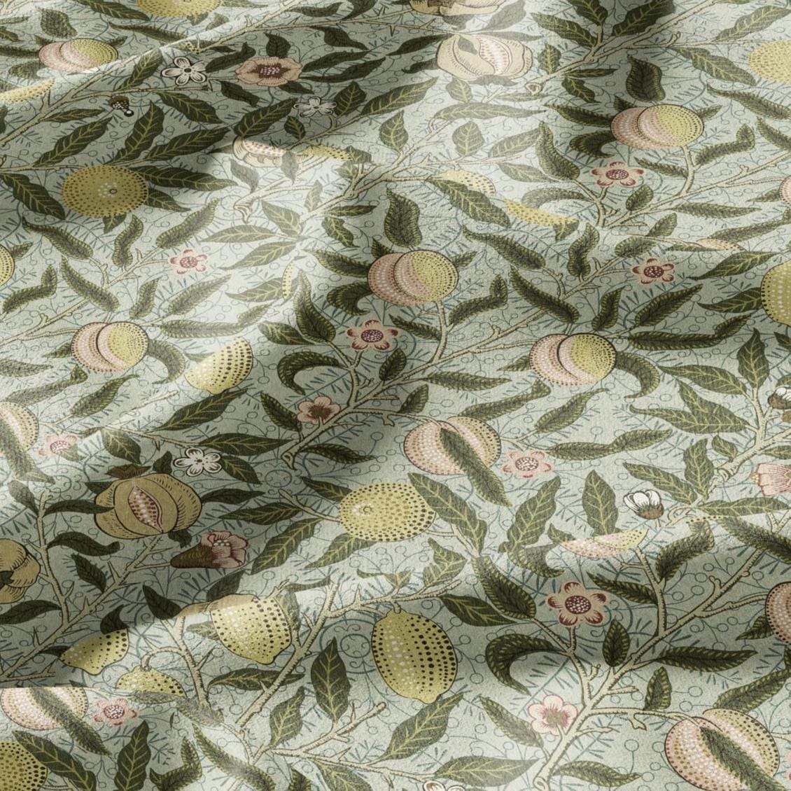 William Morris Fruits 100% LINEN Fabric pale green - British floral upholstery - lemon Pomegranate home textile Victorian fabrics 3184