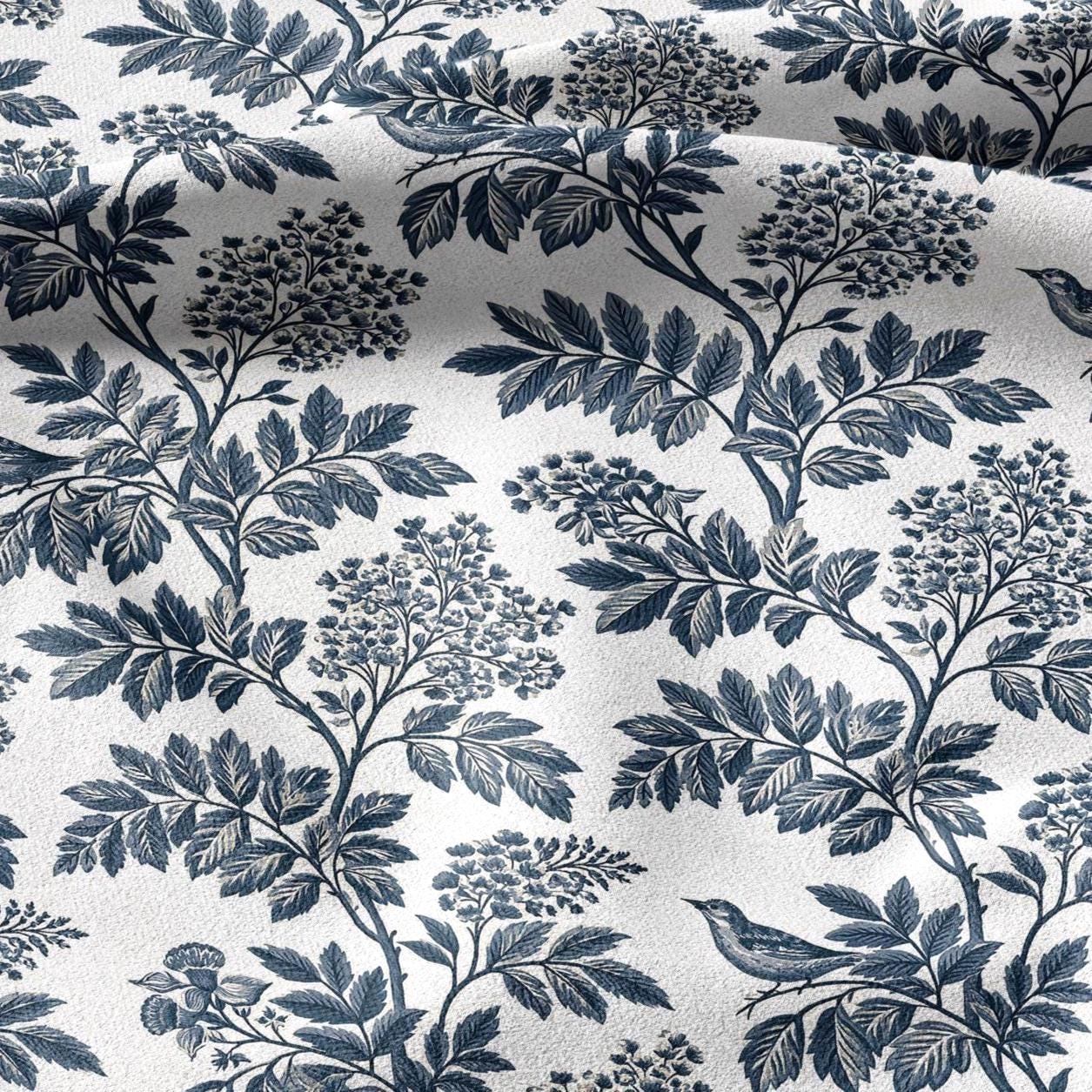 100% linen fabric blue white tree print - Vintage floral botanical modern Victorian 3389