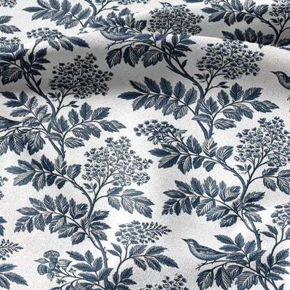 100% linen fabric blue white tree print - Vintage floral botanical modern Victorian 3389