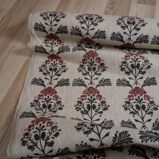 100% LINEN Fabric block print black red on grey | oatmeal linen fabric with floral print | linen fabric for upholstery home decor botanical