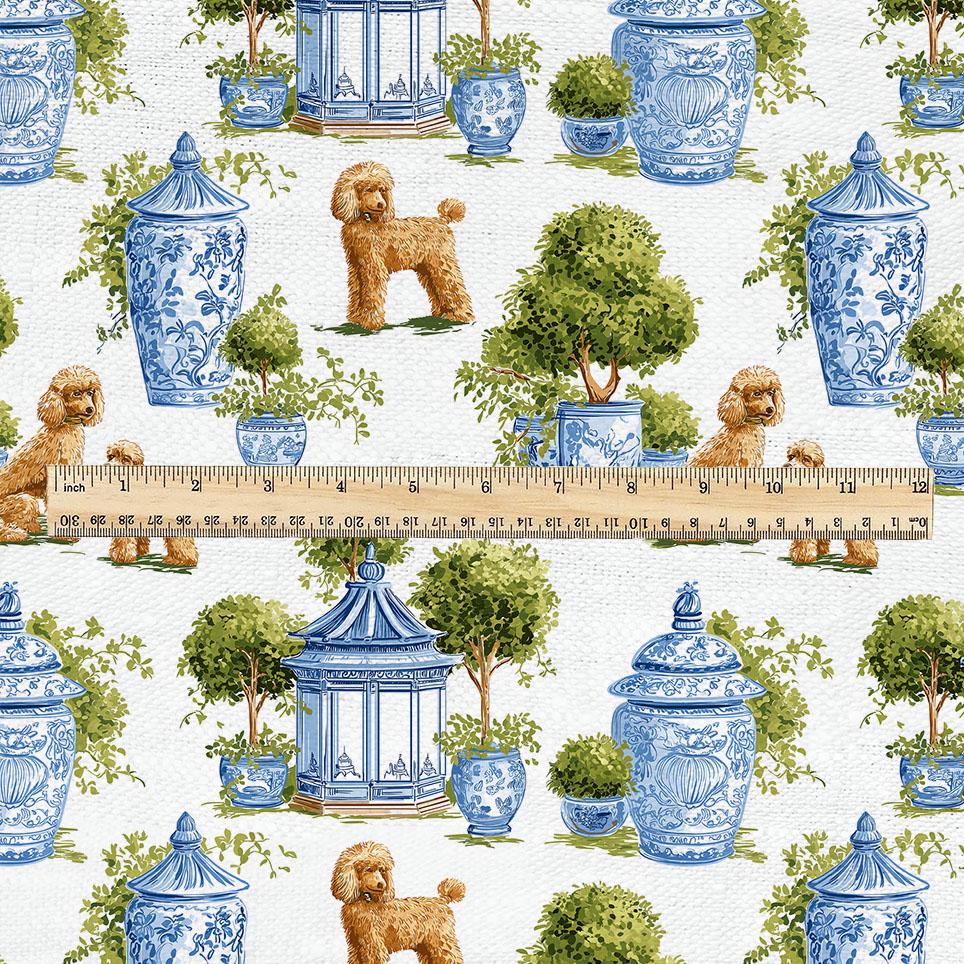 100% linen fabric poodle dog print - Vintage toile de jouy blue green botanical  - Historical chinoiserie topiary 3348