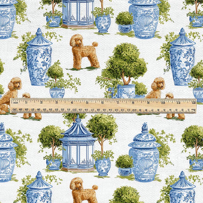 100% linen fabric poodle dog print - Vintage toile de jouy blue green botanical  - Historical chinoiserie topiary 3348