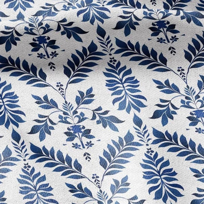 100% LINEN Fabric Abstract floral blue white print - botanical upholstery home textile artisan fabric 3138