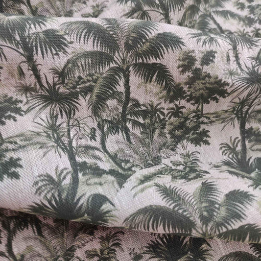 100% LINEN Fabric floral green palm trees print on oatmeal natur linen, linen botanical fabric for upholstery home decor