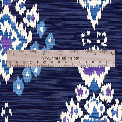 100% LINEN Fabric Ikat navy blue print - Modern vintage floral for upholstery dressmaking curtains home textile 2977