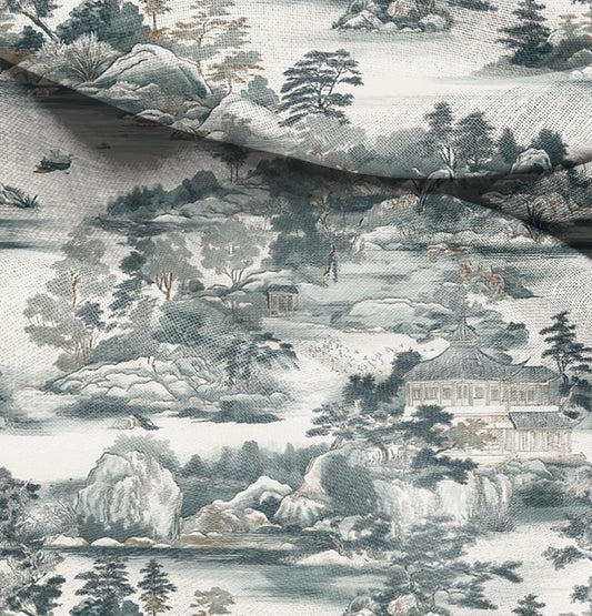 100% LINEN Fabric block print oriental scenery,  linen fabric with stony island print, heavy linen fabric for upholstery home decor