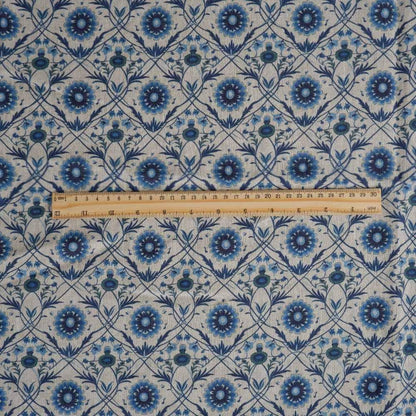 100% LINEN Fabric block print - linen with blue floral print on oatmeal - heavy linen fabric for light upholstery home decor sewing 2324