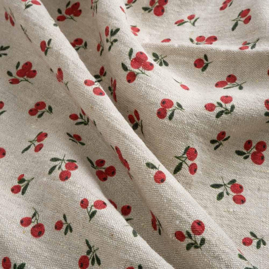 100% LINEN Fabric Lingonberry - Modern vintage red berry print on oatmeal linen for home decor sewing dress clothing 2940
