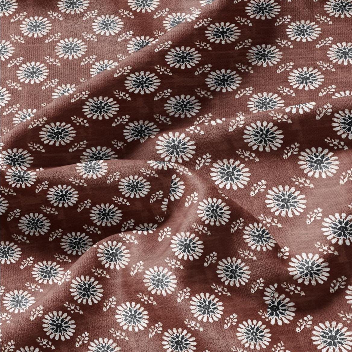 100% LINEN Fabric floral print - muddy brown white stripe block print linen heavy for upholstery home decor - medium for dress making 2808