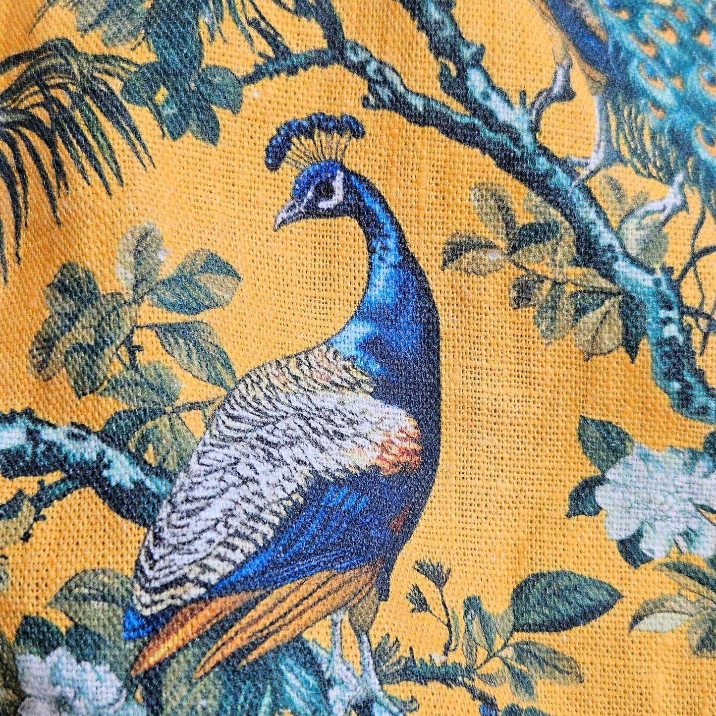 100% LINEN Fabric oriental print with peacock - toile de jouy botanical mustard yellow - upholstery home decor clothing  sewing 316