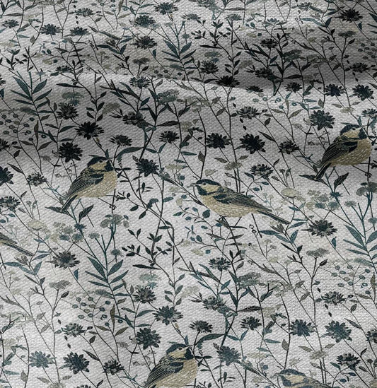100% LINEN Fabric floral with birds meadow print -  heavy linen fabric with pale green print for upholstery home decor curtains pillowcases