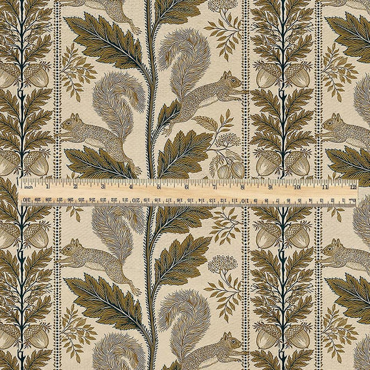 100% LINEN Fabric Woodland - Brown floral print with Squirrel Neutral Fabric by the Yard by LithuanianLinen 3788