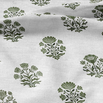 100% LINEN Fabric Block print Genda flower green - floral upholstery home textile artisan fabrics green white 2946