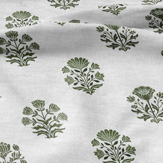 100% LINEN Fabric Block print Genda flower green - floral upholstery home textile artisan fabrics green white 2946
