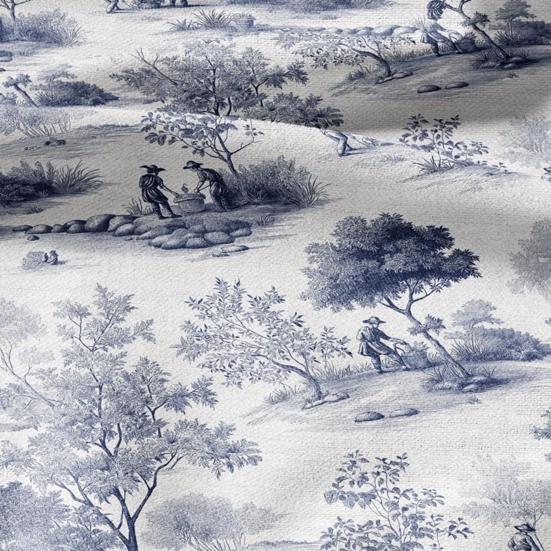 100% LINEN Fabric Toile de jouy print work in garden blue - floral upholstery home textile artisan fabrics blue white 3111