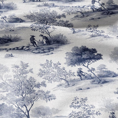 100% LINEN Fabric Toile de jouy print work in garden blue - floral upholstery home textile artisan fabrics blue white 3111