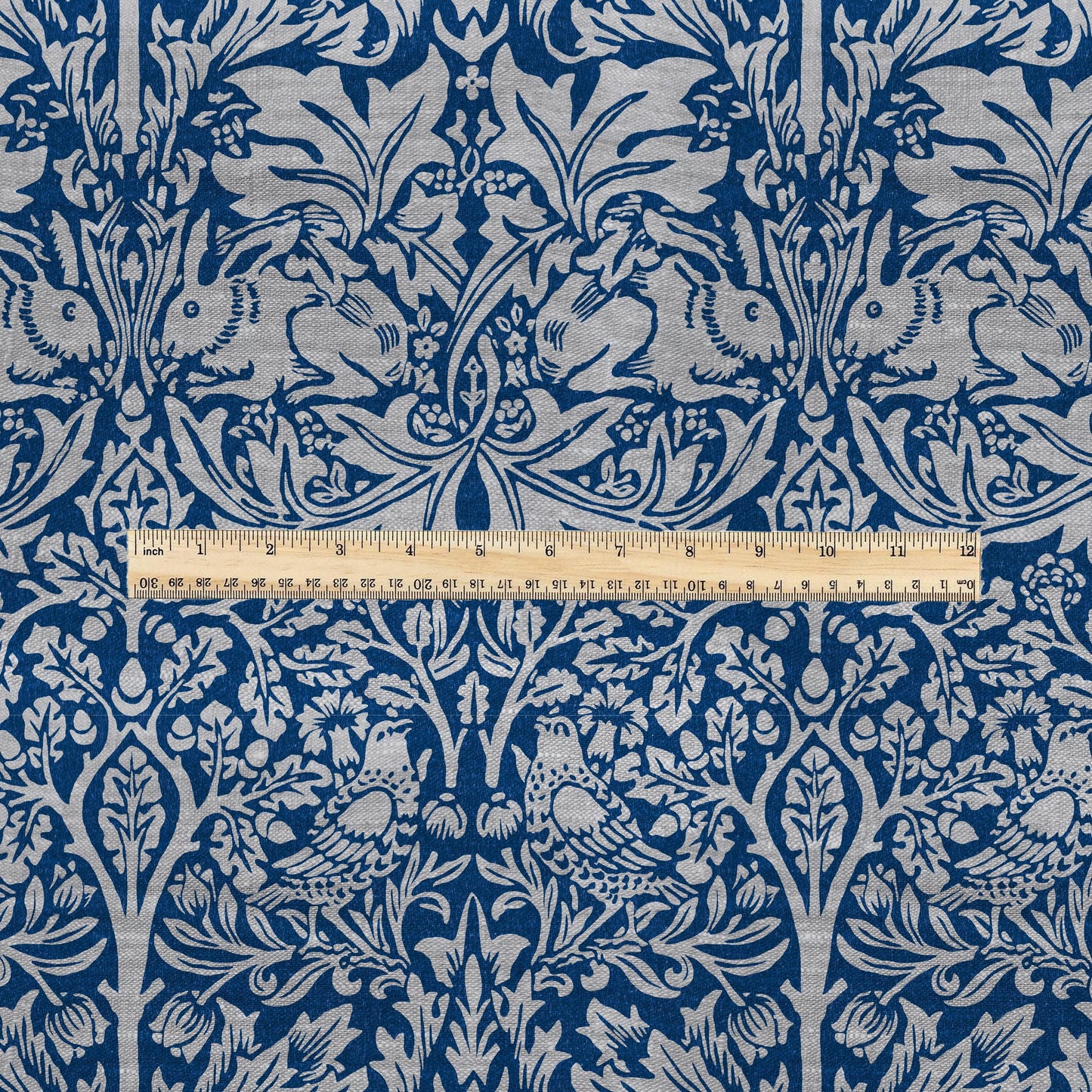100% LINEN Fabric William Morris Brer Rabbit blue gray - oatmeal linen fabric with botanical print - Victorian Art Craft Historical 3164