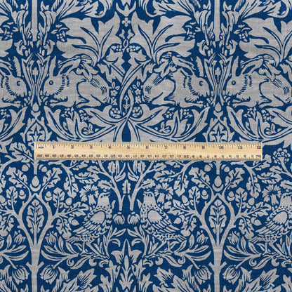 100% LINEN Fabric William Morris Brer Rabbit blue gray - oatmeal linen fabric with botanical print - Victorian Art Craft Historical 3164