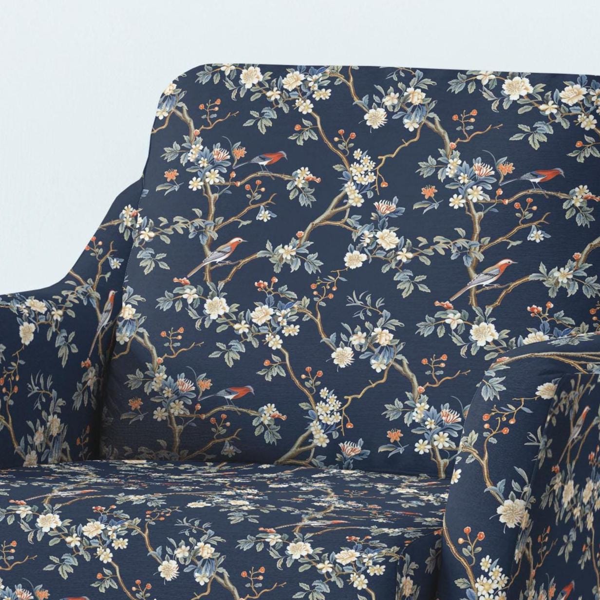 100% LINEN Fabric UPHOLSTERY 12oz - Navy blue toile de jouy brids on tree print on linen - Modern vintage pattern 2054