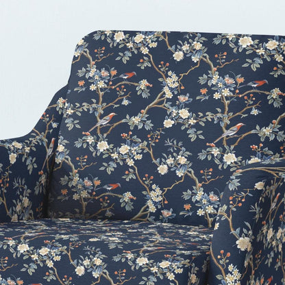 100% LINEN Fabric UPHOLSTERY 12oz - Navy blue toile de jouy brids on tree print on linen - Modern vintage pattern 2054