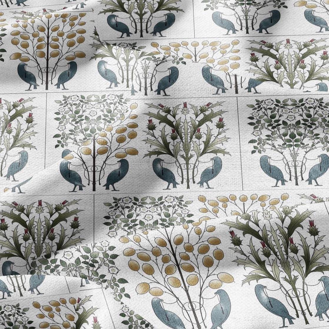 100% linen fabric CFA. Voysey The love birds print - Victorian Art crafts tree blossom - Historical pattern upholstery dress making 2993