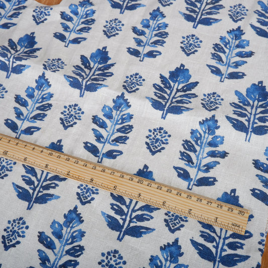 100% LINEN Fabric block print blue white - linen fabric with indian blue floral print, heavy linen fabric for upholstery home decor