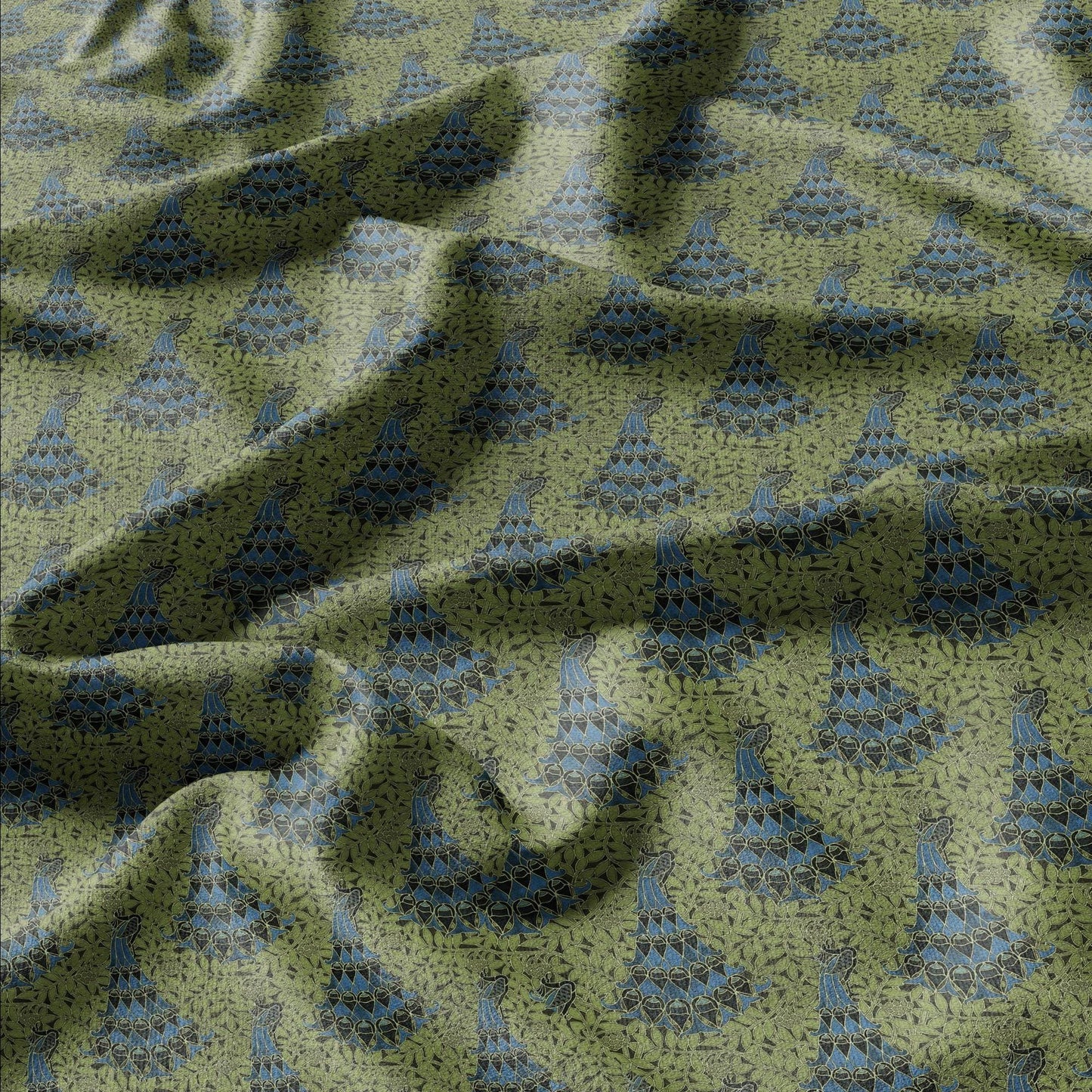 100% linen Vintage Peacock fabric for Curtain Upholstery Cushion - green blue print fabric for dress making sewing