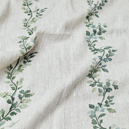 100% LINEN Fabric Striped floral print - block print green leaves on oatmeal linen for upholstery curtains dress making 2668