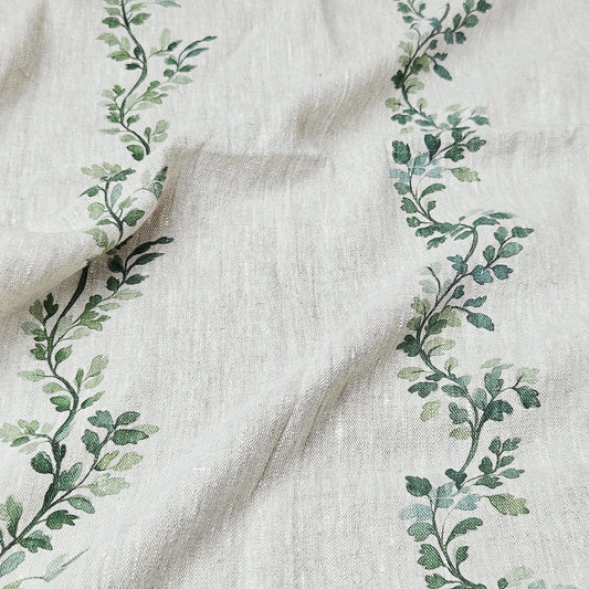 100% LINEN Fabric Striped floral print - block print green leaves on oatmeal linen for upholstery curtains dress making 2668