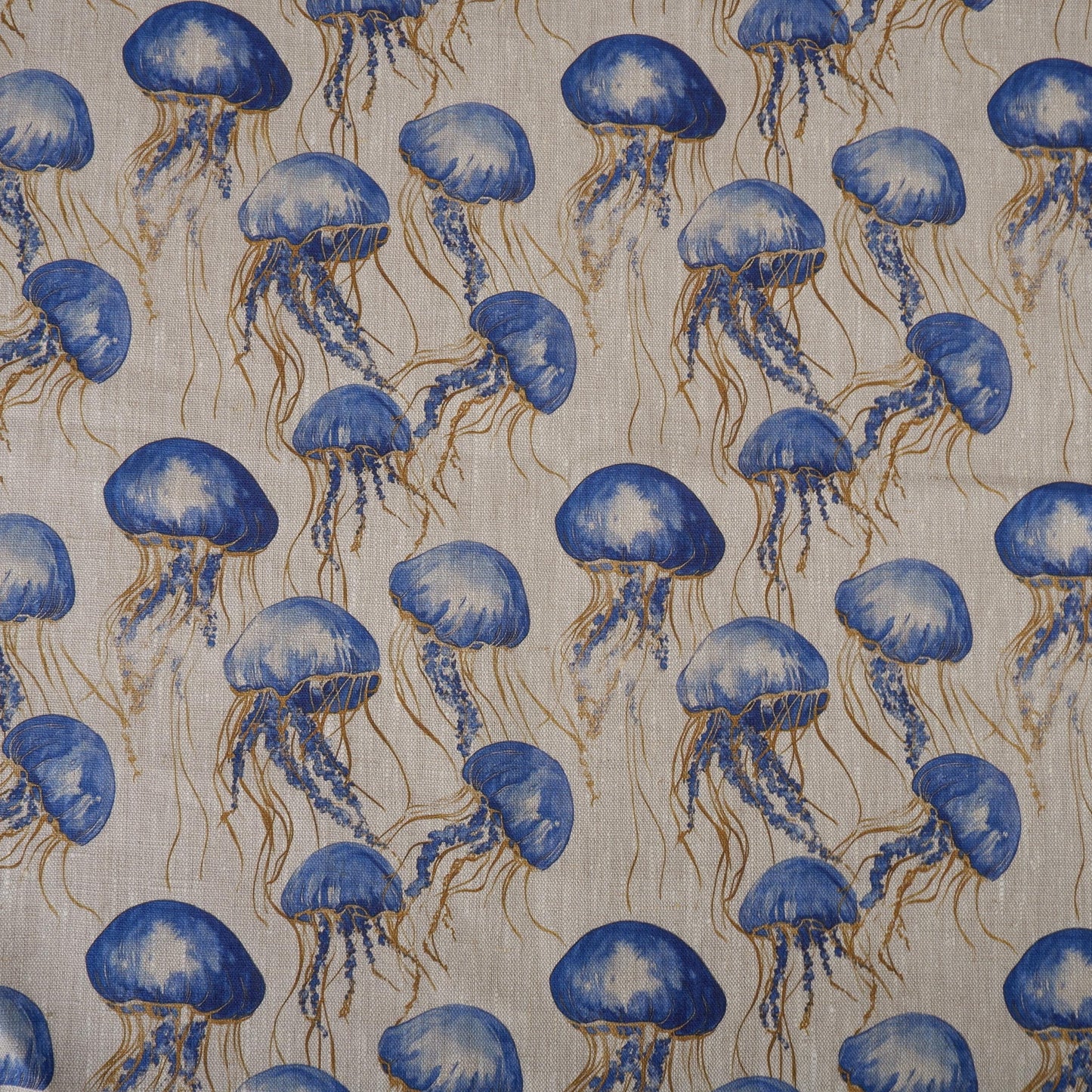 100% LINEN Fabric jellyfish Nautical print - oatmeal linen fabric with blue grey coastal print for upholstery home decor dressmaking