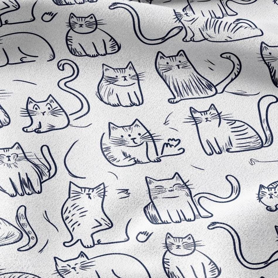 100% LINEN Fabric Cat print - Animal Modern vintage blue - upholstery curtains dress making 2140
