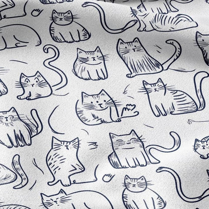 100% LINEN Fabric Cat print - Animal Modern vintage blue - upholstery curtains dress making 2140