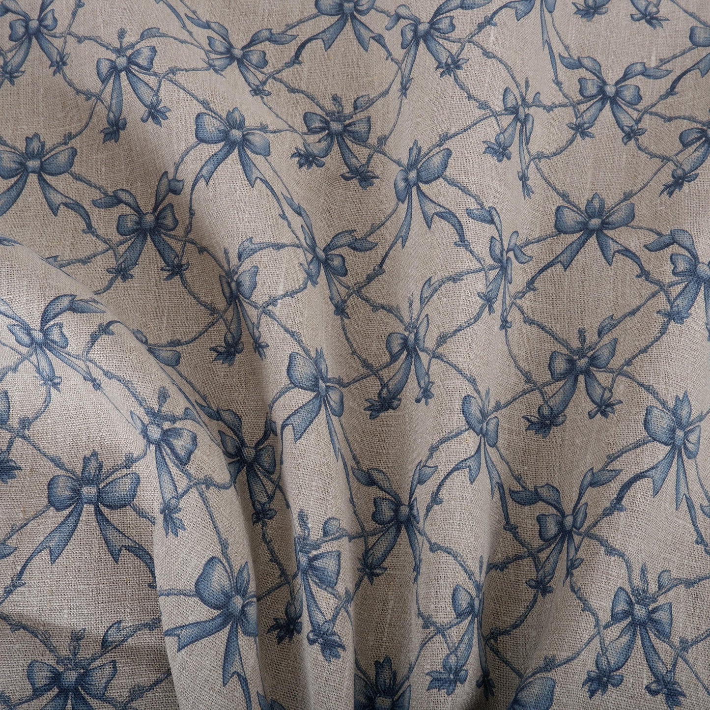 100% LINEN Fabric Blue Ribbon bow - linen fabric blue print Nursery - linen floral fabric upholstery curtains dress making