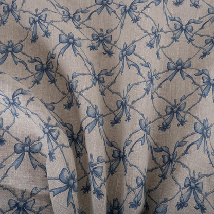 100% LINEN Fabric Blue Ribbon bow - linen fabric blue print Nursery - linen floral fabric upholstery curtains dress making