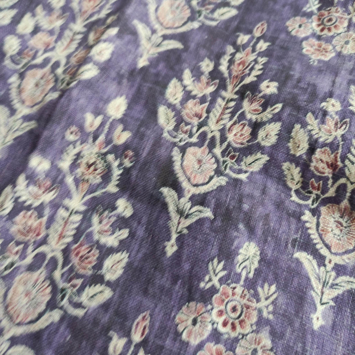 100% LINEN Fabric block print indian purple 3656 -  oatmeal linen fabric with green floral print decor