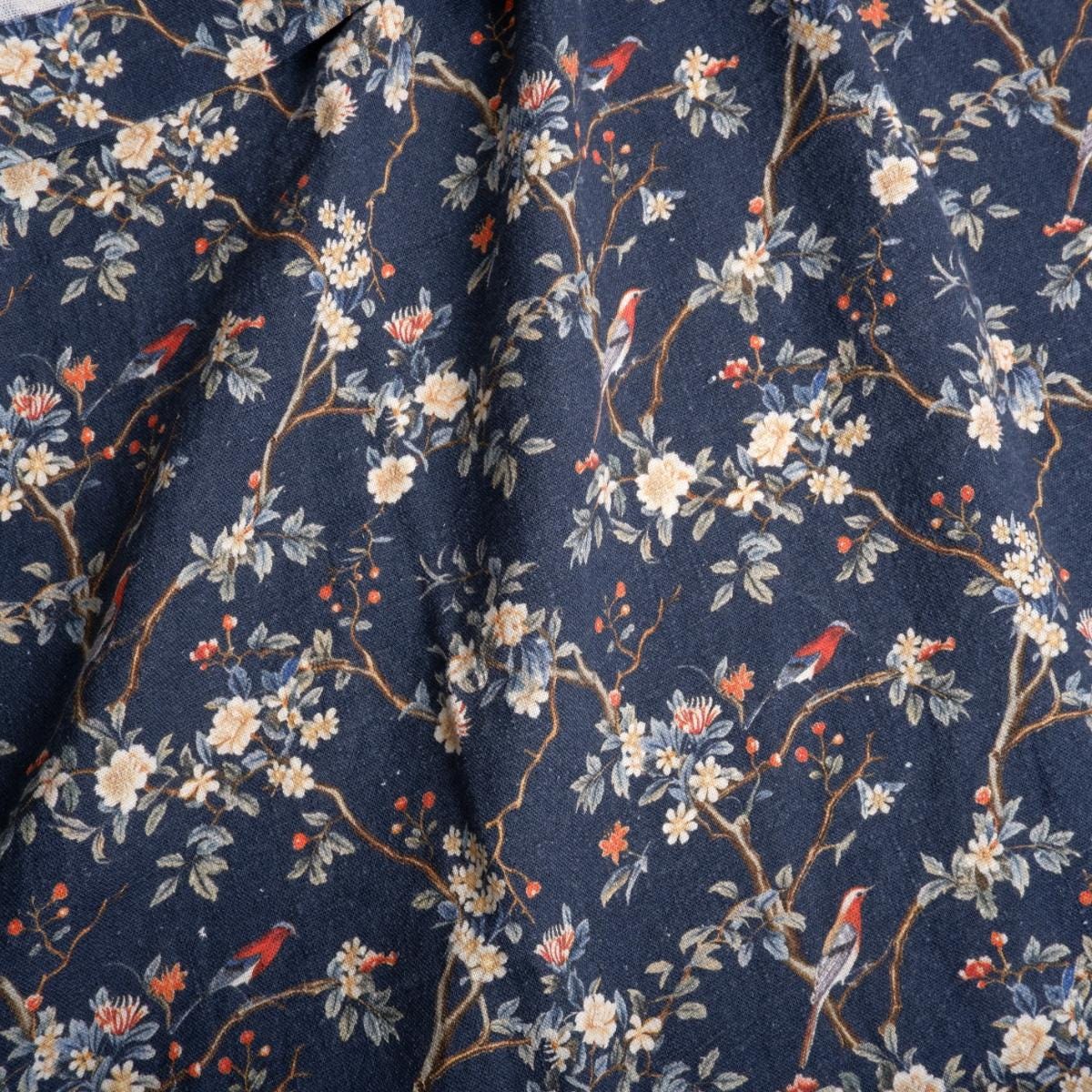 100% LINEN Fabric Toile de Jouy in navy blue, botanical flax fabric with indigo blue print, French linen floral Birds on the tree
