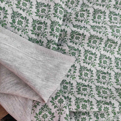 100% LINEN Fabric french green block print on oatmeal natur linen, upholstery linen fabric for home decor 340