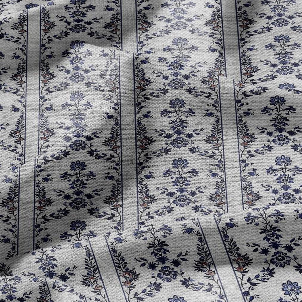 100% LINEN Fabric print Stripe floral blue print - oatmeal linen fabric withtiny flower - heavy for home decor clothing 2390