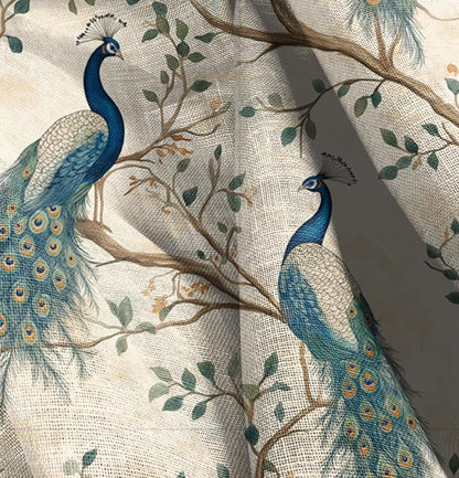 100% LINEN Fabric oriental pritn with peacock,  linen fabric with botanical print, heavy linen fabric for upholstery home decor