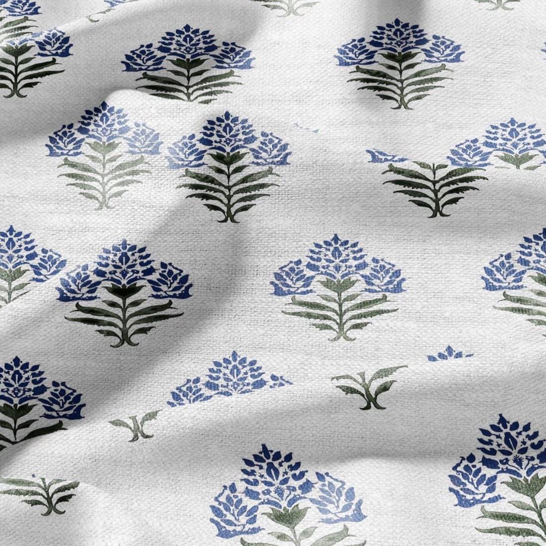 100% LINEN Fabric Block print Parijat flower - botanical upholstery home textile artisan fabrics blue green white 2755