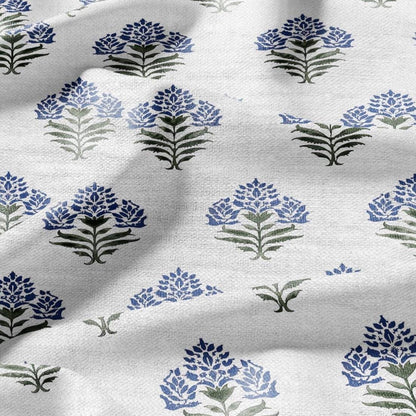 100% LINEN Fabric Block print Parijat flower - botanical upholstery home textile artisan fabrics blue green white 2755