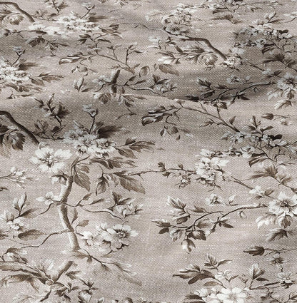 100% LINEN Fabric Toile de Jouy in beige brown, botanical flax fabric with French country Provence print for upholstery dressmaking clothing