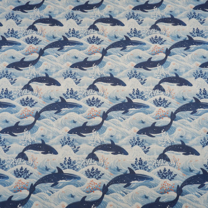 100% LINEN  Nautical print WHALE ,white linen fabric with blue coastal print for upholstery home decor
